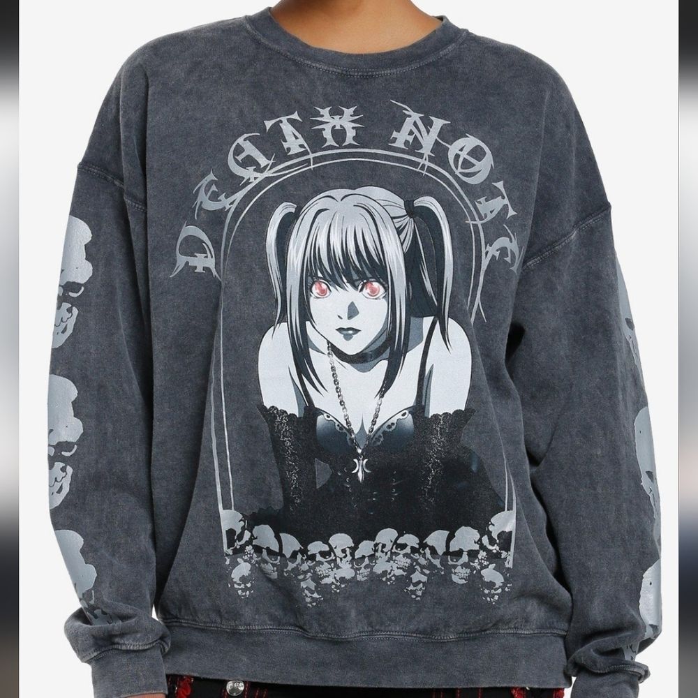 Death Note Misa Reflective Anime Skull Black Crewneck Sweatshirt With Skull Arms